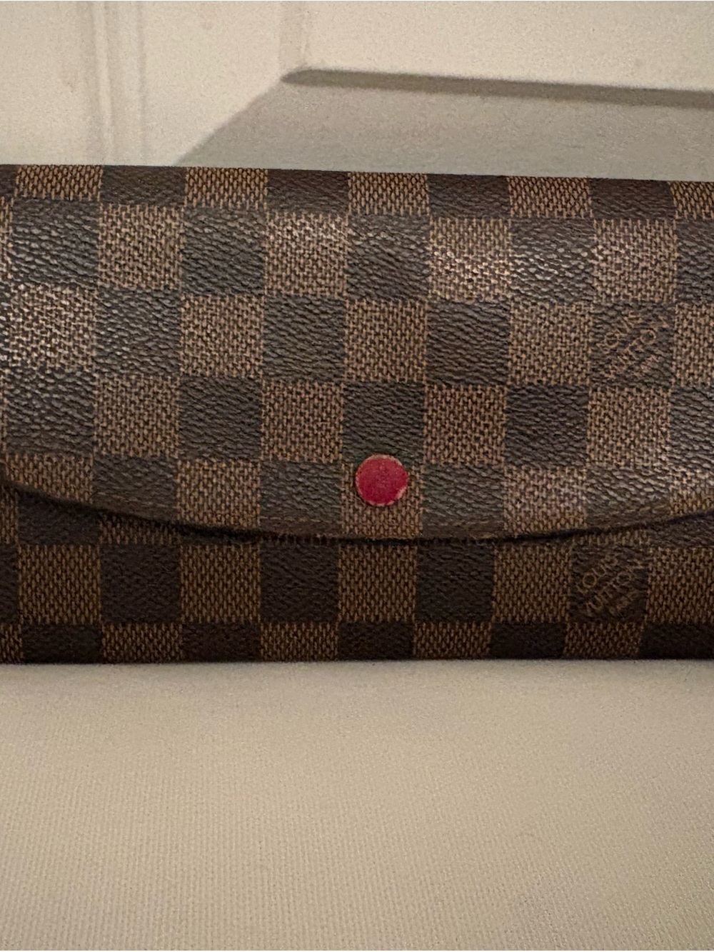 Louis Vuitton Brown Damier Ebene Wallet with Red Snap